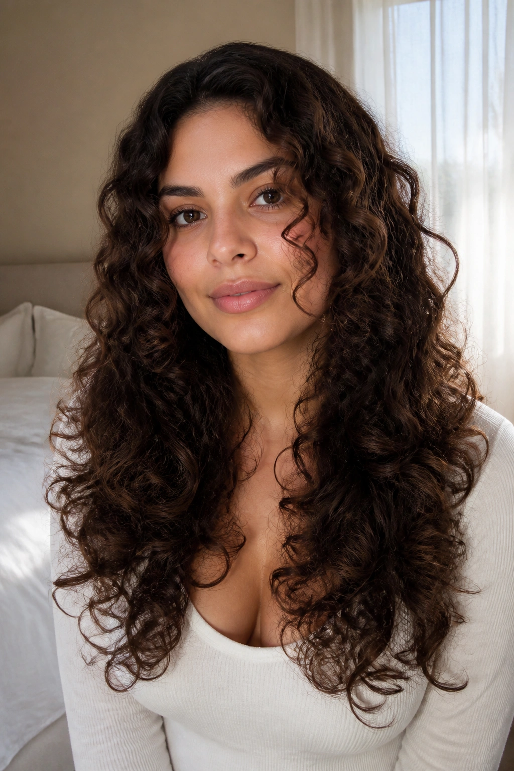 Real woman with long spiral curls and U-shaped layers in softly lit bedroom.
