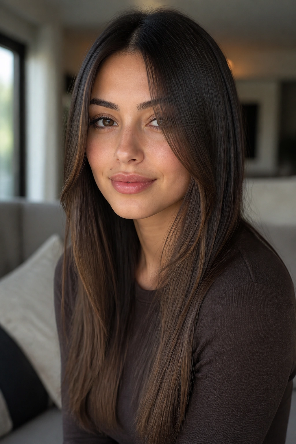 Real woman with long straight hair and face-framing side layers
