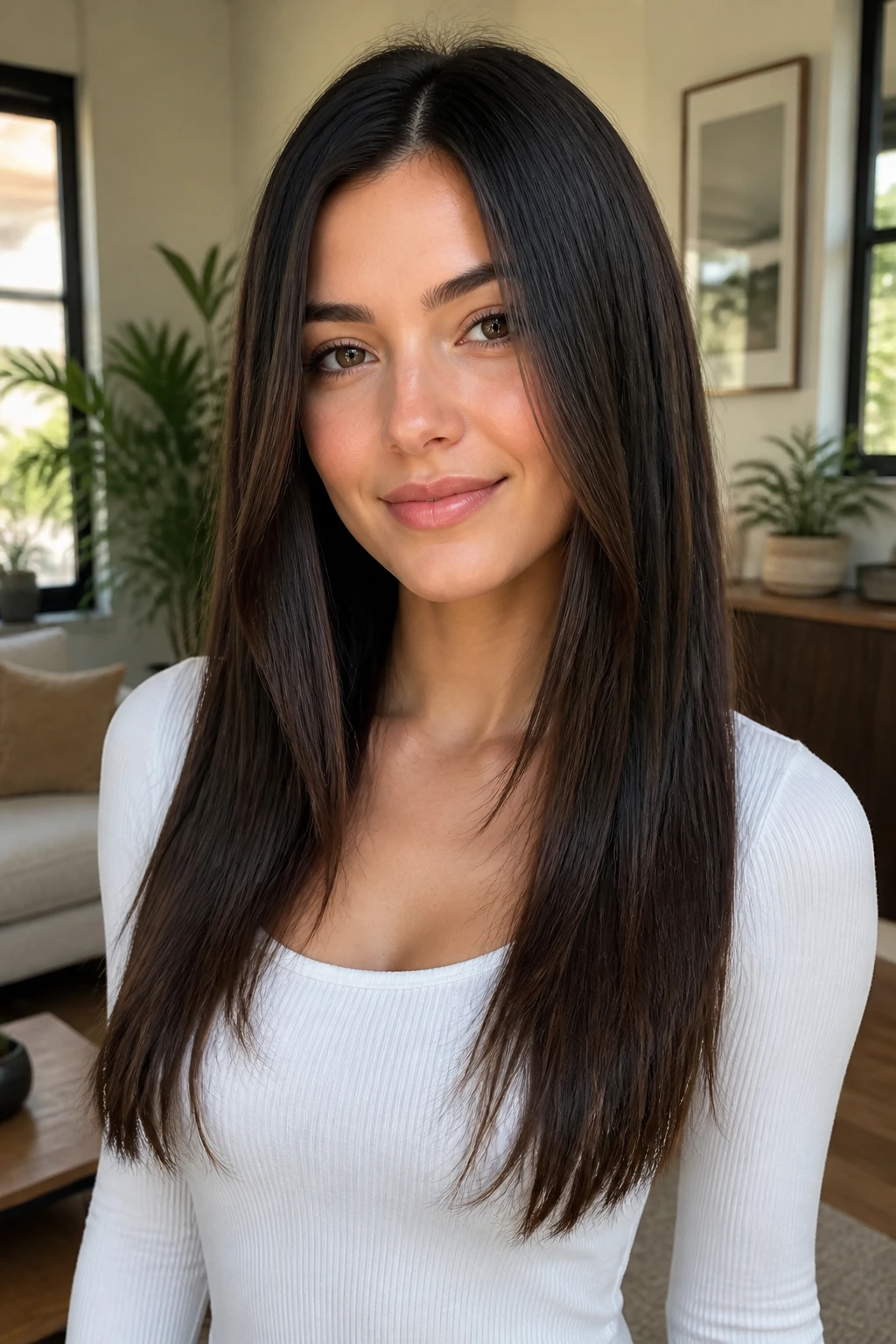Real woman with long straight hair and tapered ends, center part