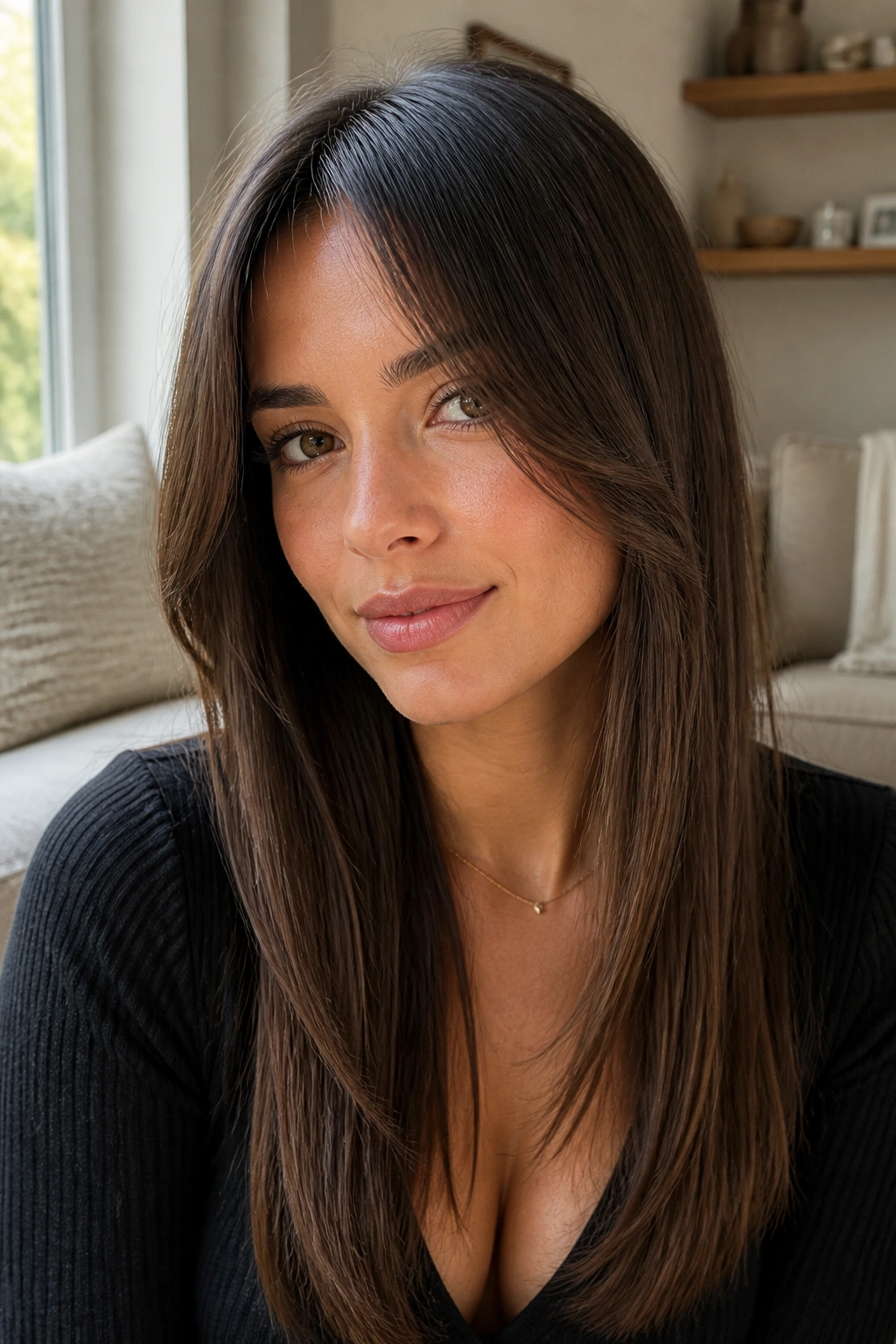Close-up portrait of a real woman with long straight hair and face-framing pieces