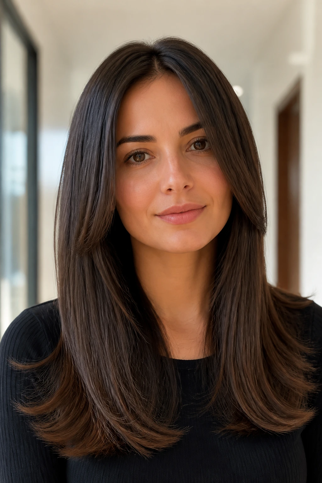 Close-up of a real woman with long straight hair and flipped ends