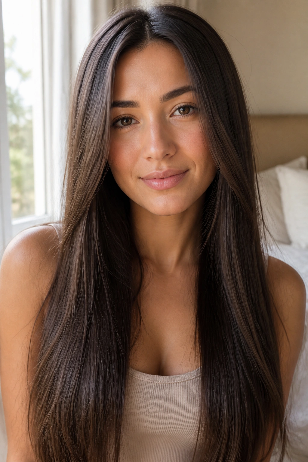 Close-up of a real person with long straight hair with invisible layers in a sunlit room