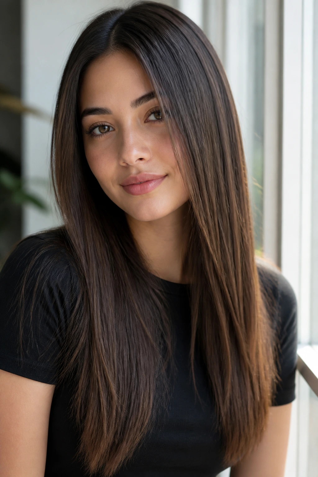 Portrait of a person with long straight hair and invisible layers.