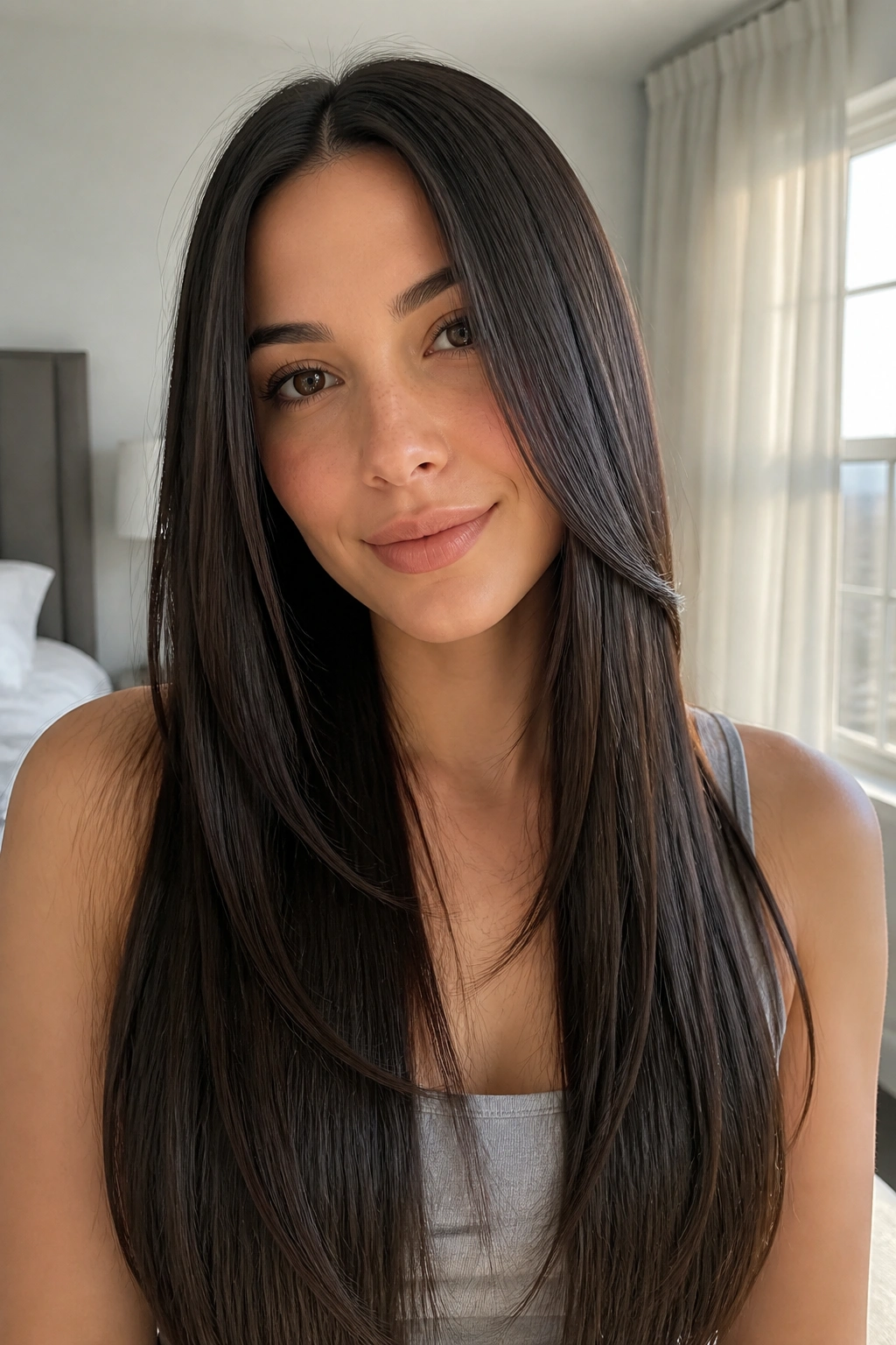Close-up portrait of a real woman with long straight hair and invisible layers.