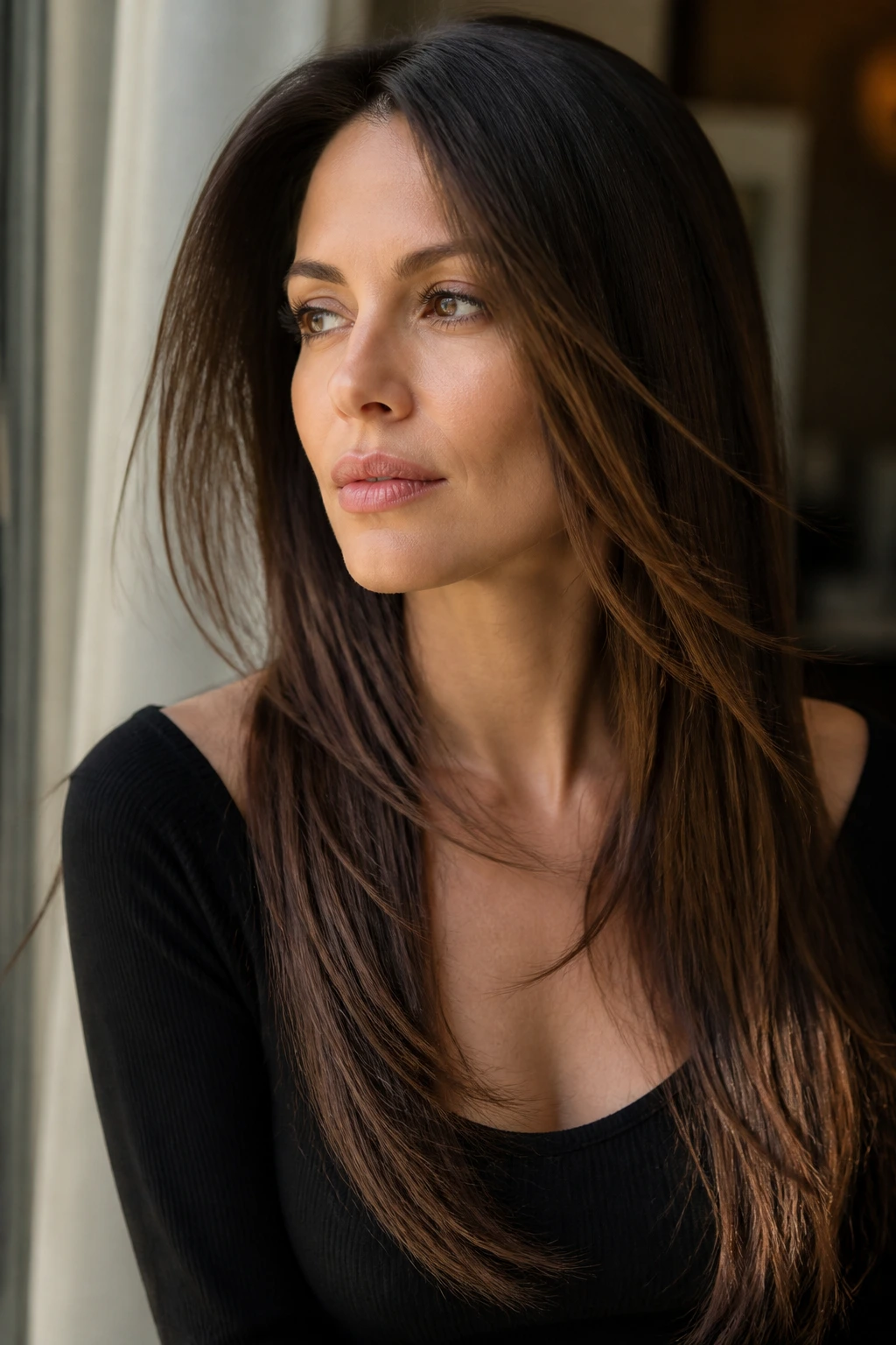 Close-up of a real person with a long straight cut and invisible layers, side-parted