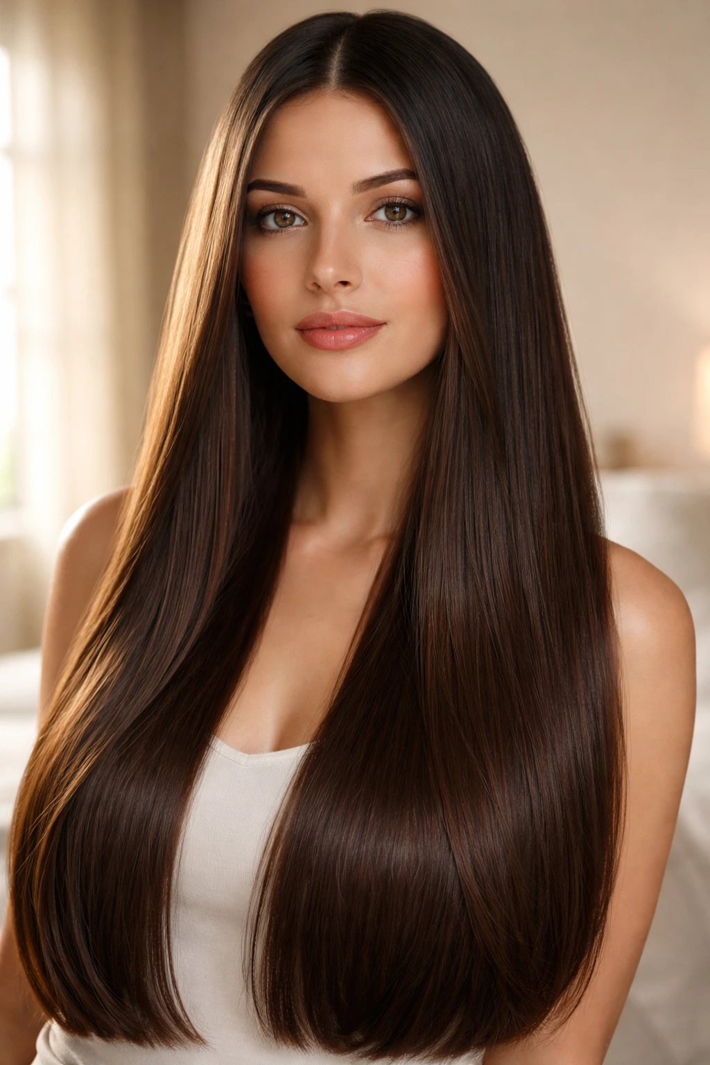 Close-up of a real woman with long straight hair, minimal layers, in warm bedroom light