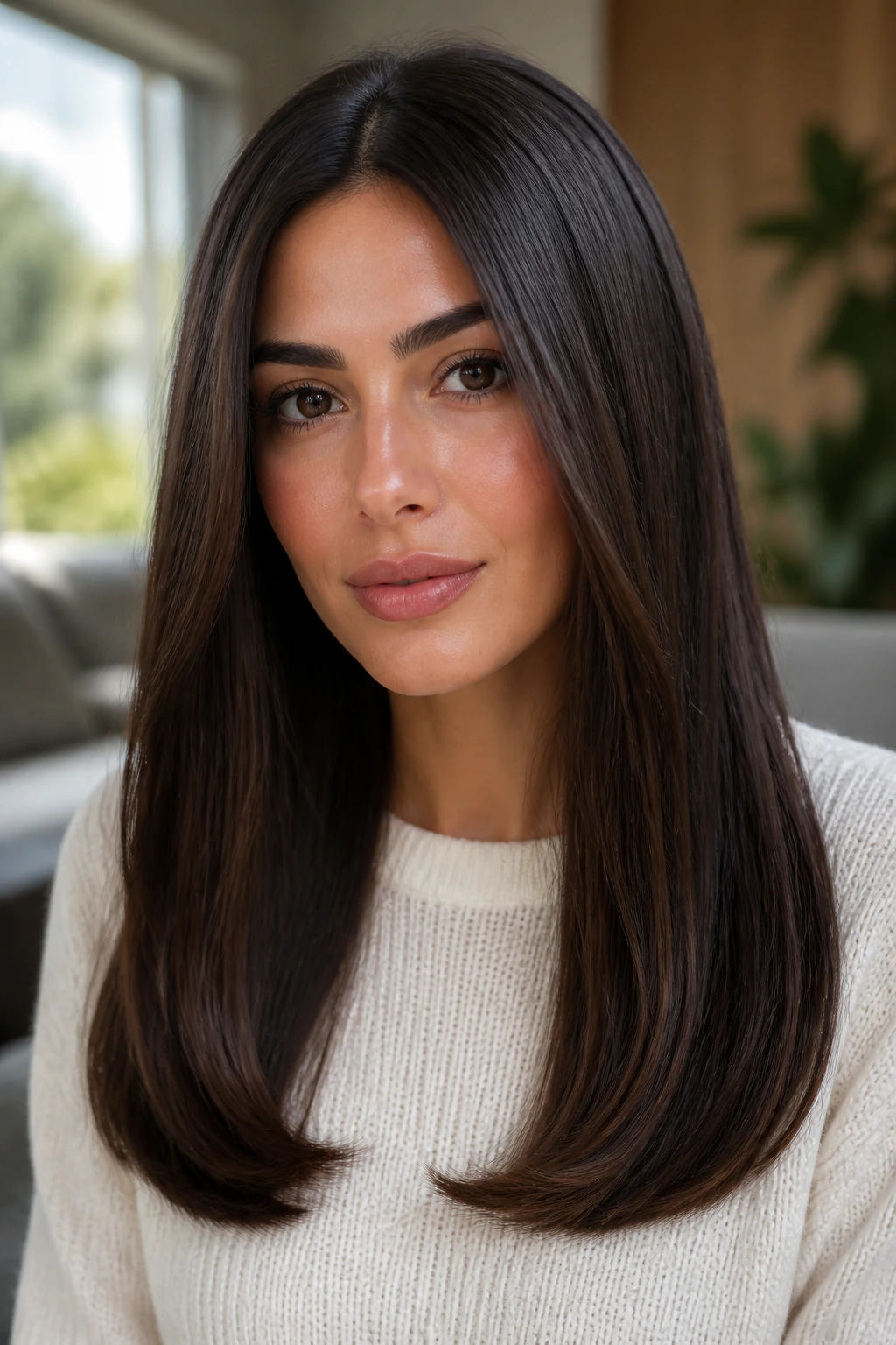 Close-up of a real woman with long straight hair tucked at the ends in a bright room