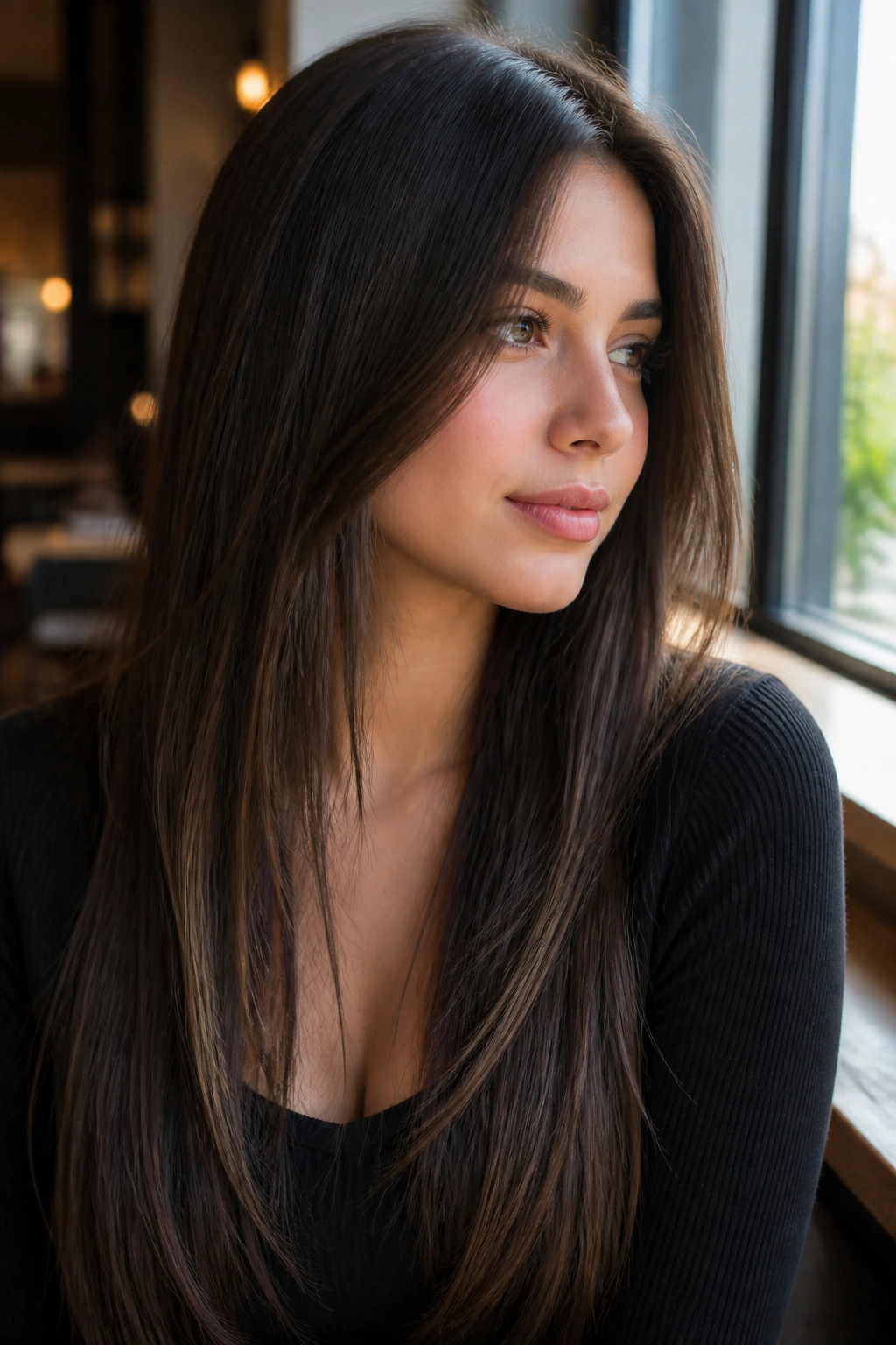 Close-up portrait of a real woman with long straight hair and invisible layers