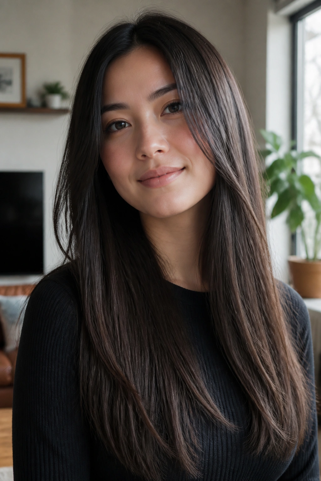 Portrait of a woman with a long straight cut and invisible layers in natural light
