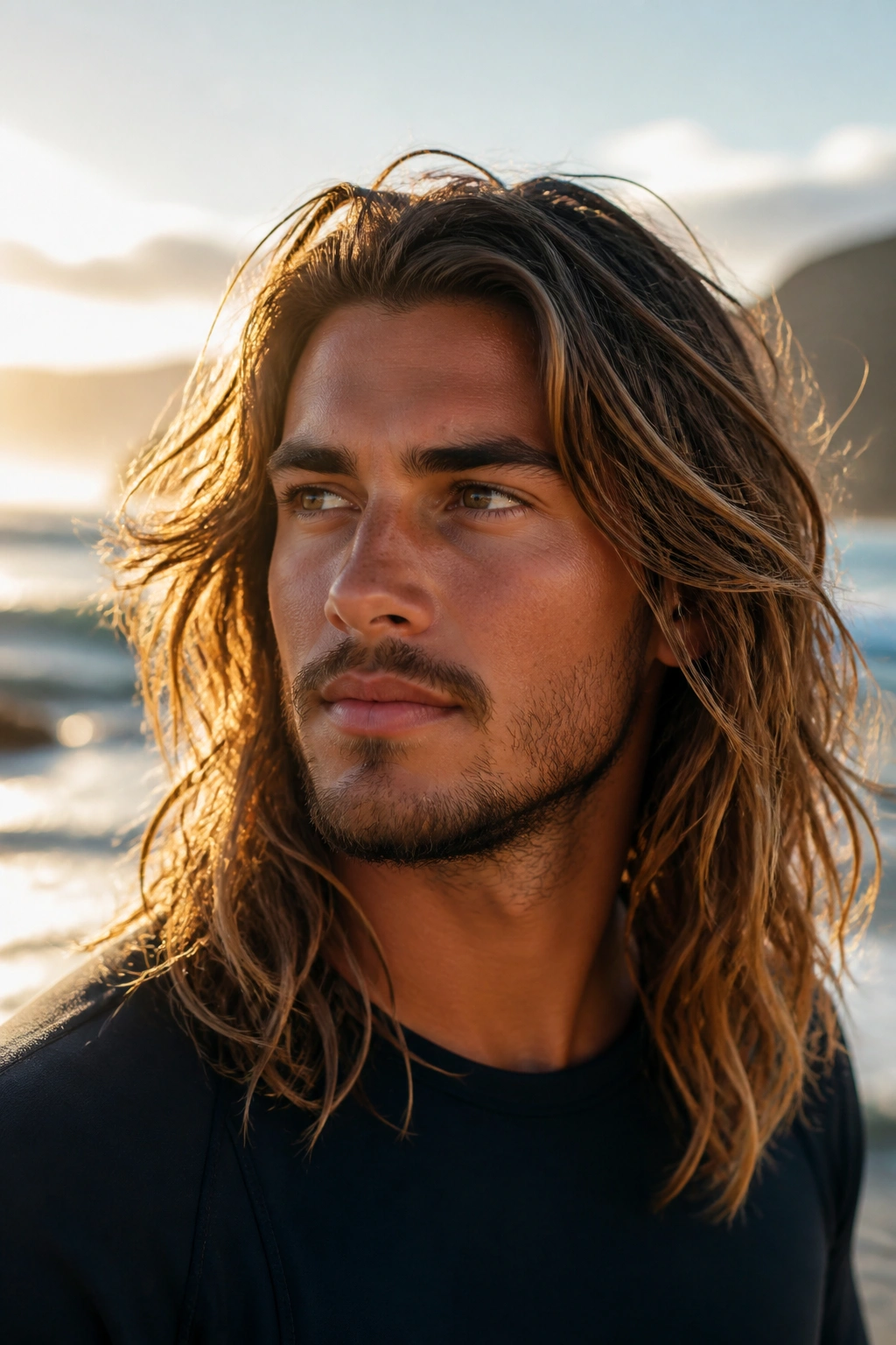Close-up of a man with long surfer layers on a windy beach