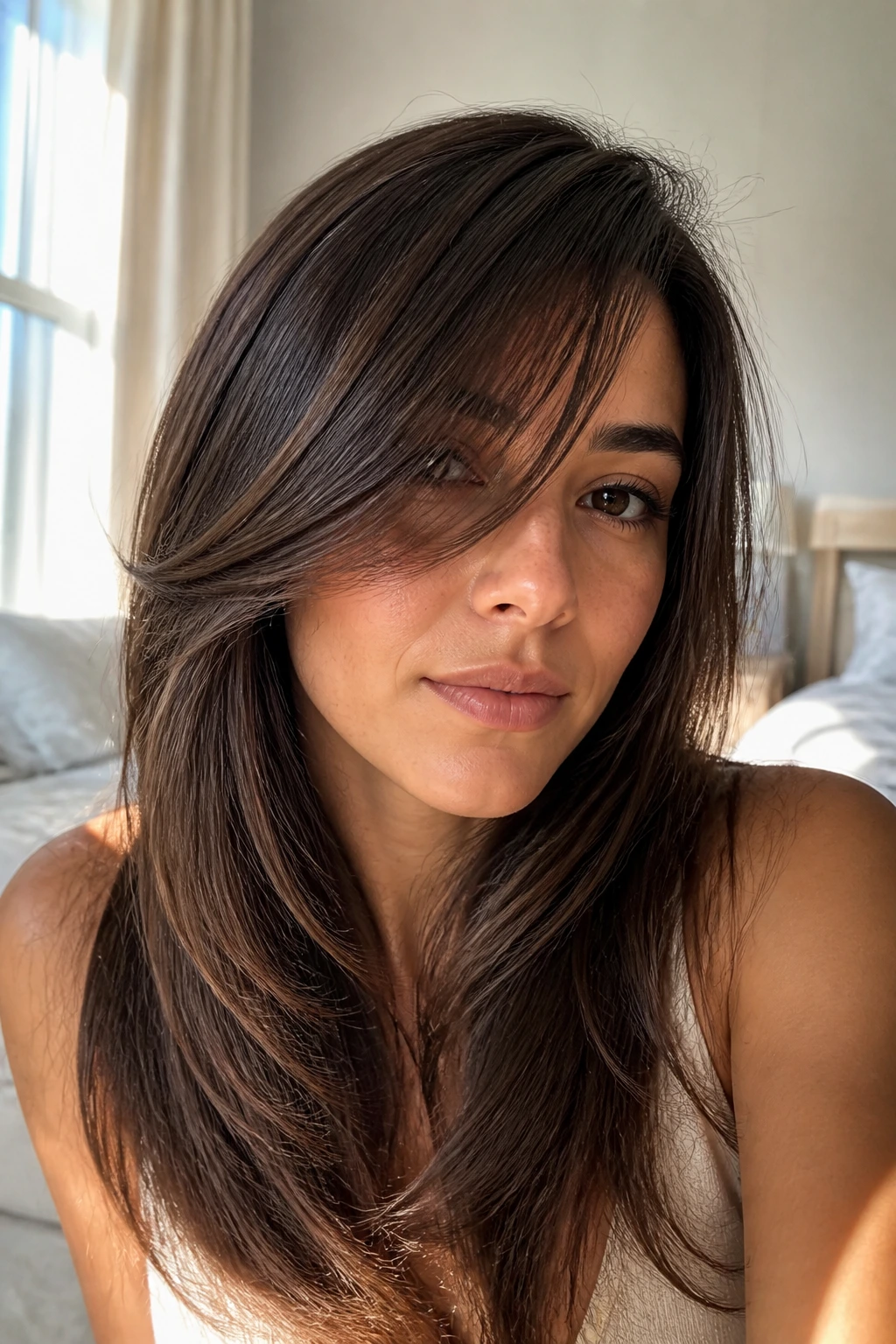 Close-up portrait of a woman with long sweeping bangs by a window