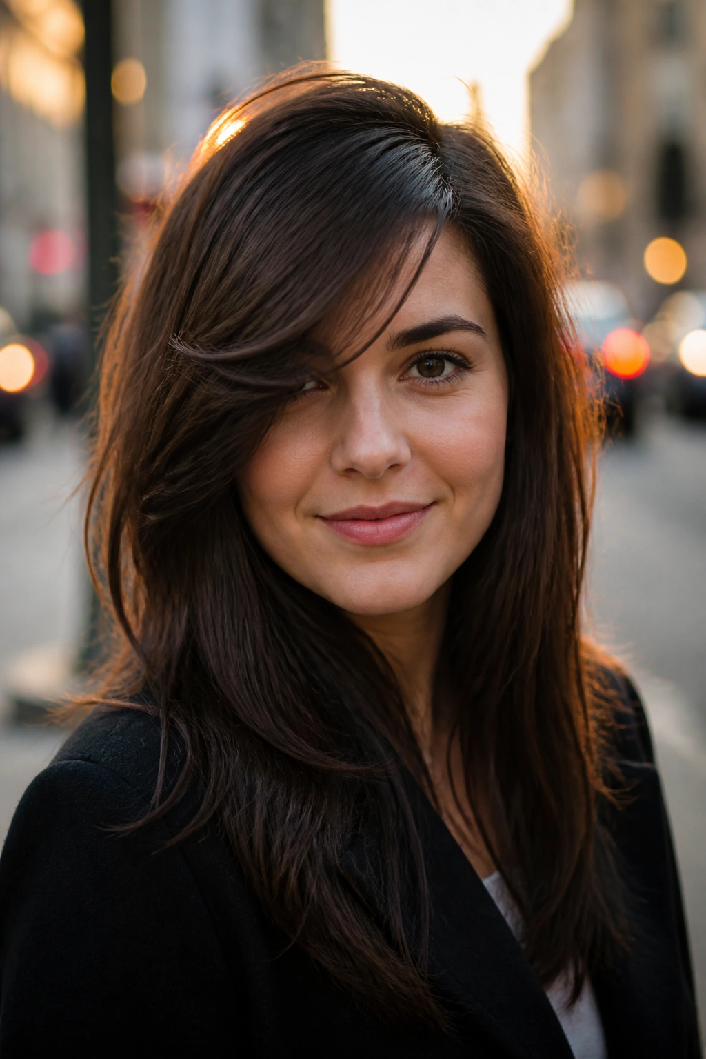 Close-up of a real woman with long swoop bangs that lengthen the face, espresso brown hair.