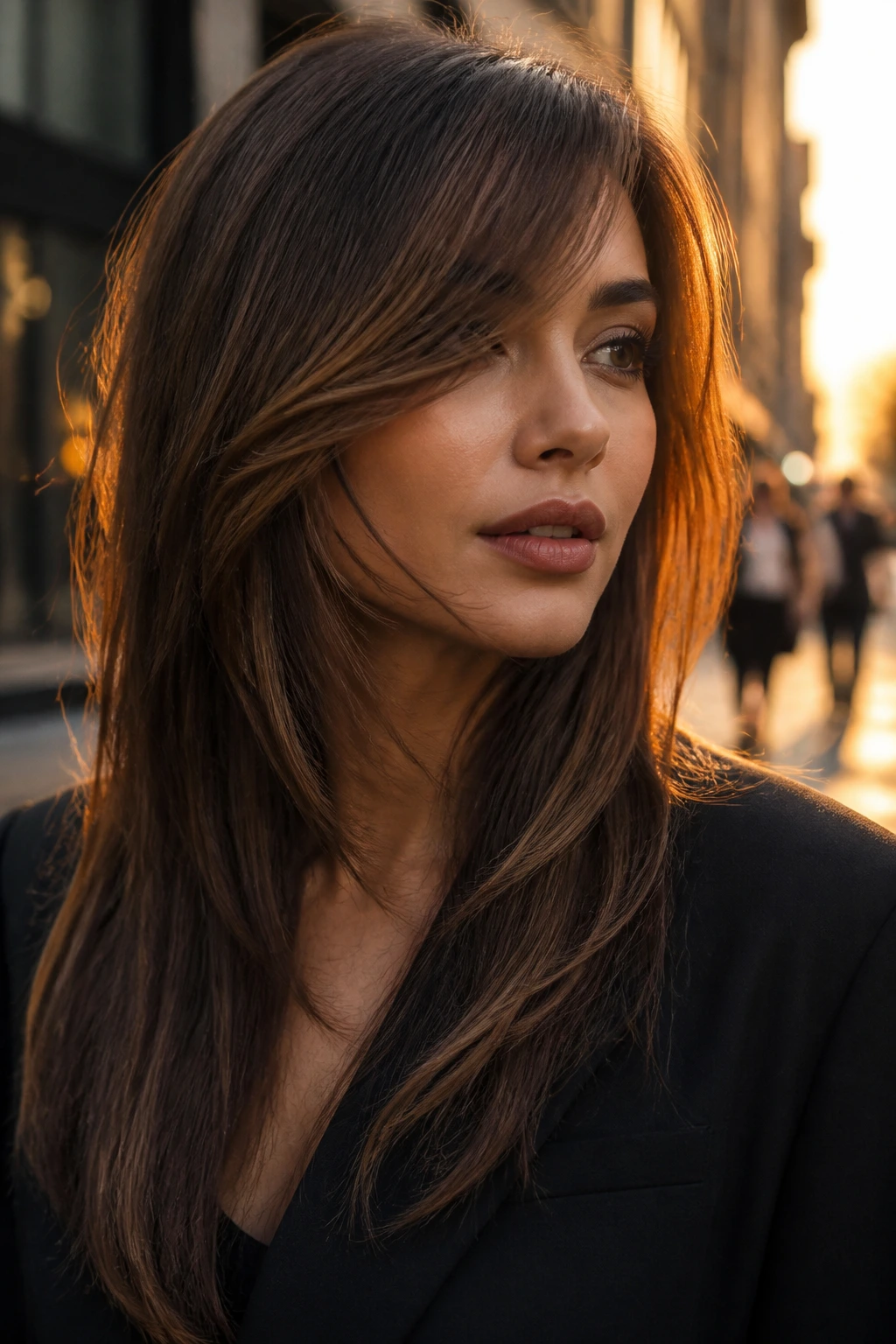 Close-up portrait of a real woman with long swoop bangs below the cheekbone in golden hour light