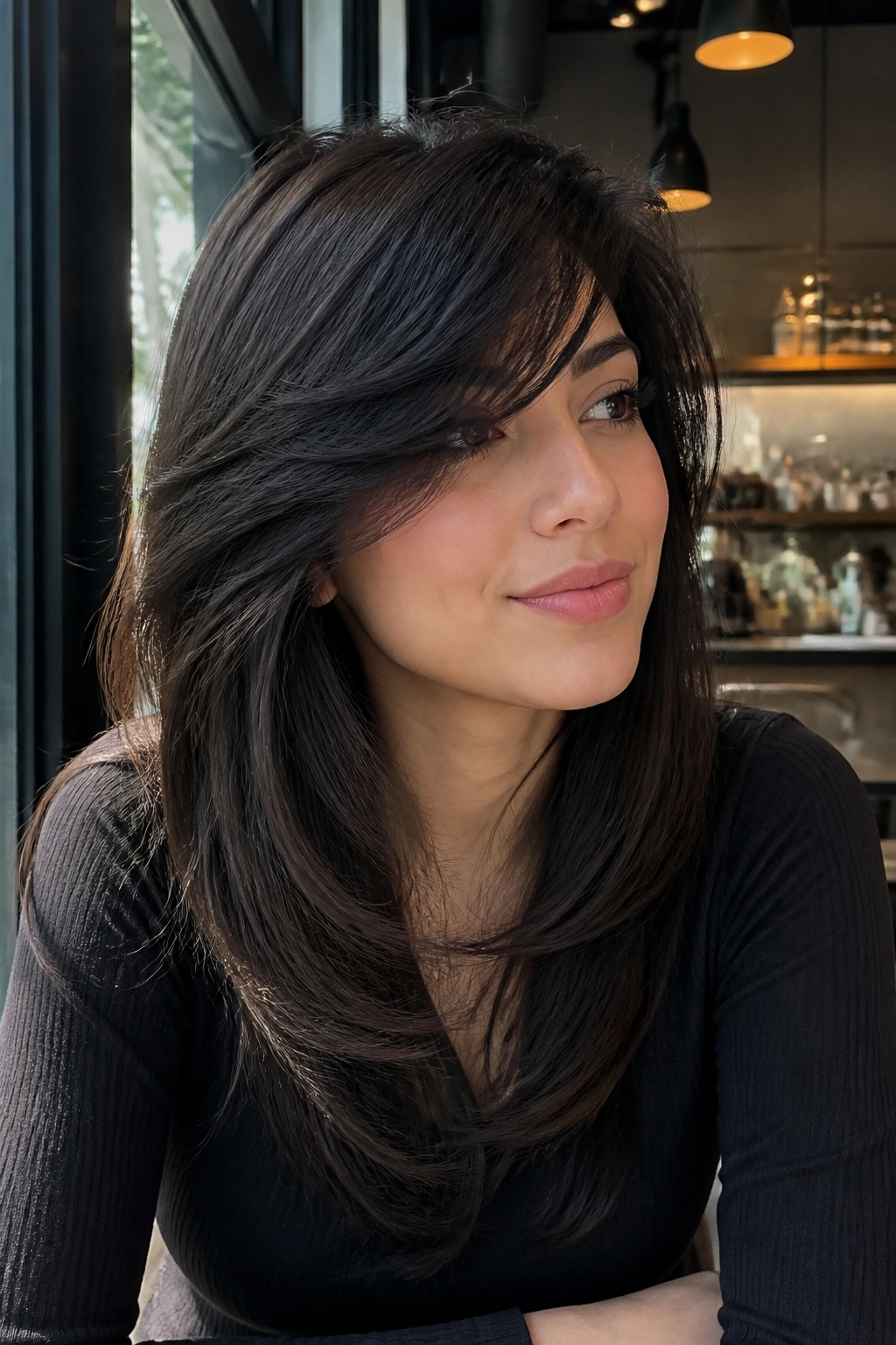 Portrait of a woman with long swoop bangs blending into layers