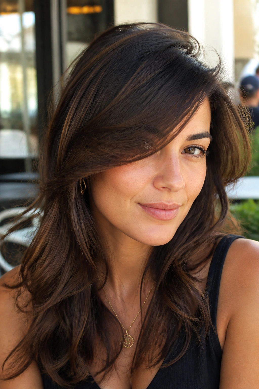 Close-up portrait of a woman with long swoop bangs sweeping across the forehead