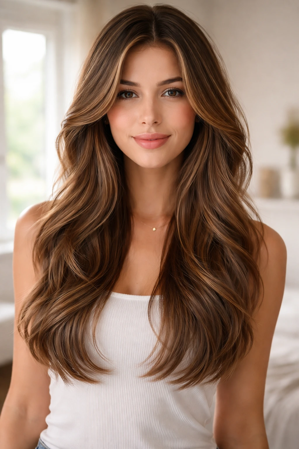 Close-up of a real woman with long tapering layered wavy hair