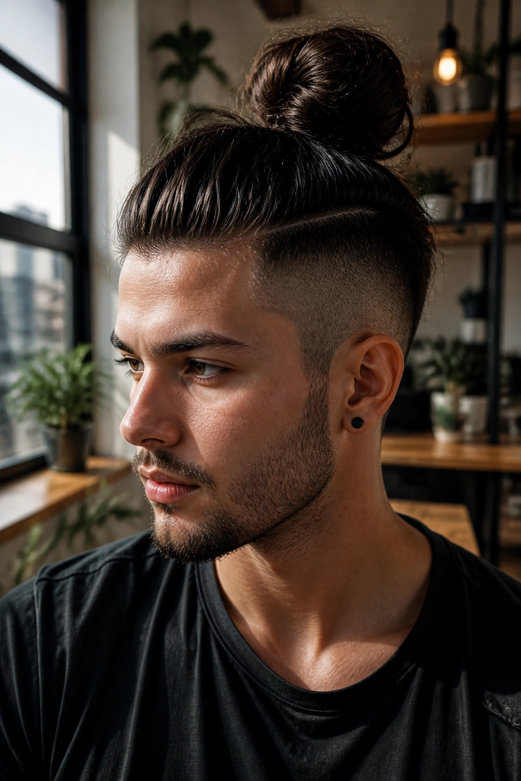 Close-up of a real person with a long top bun undercut; bun visible, sides shaved, warm natural light.