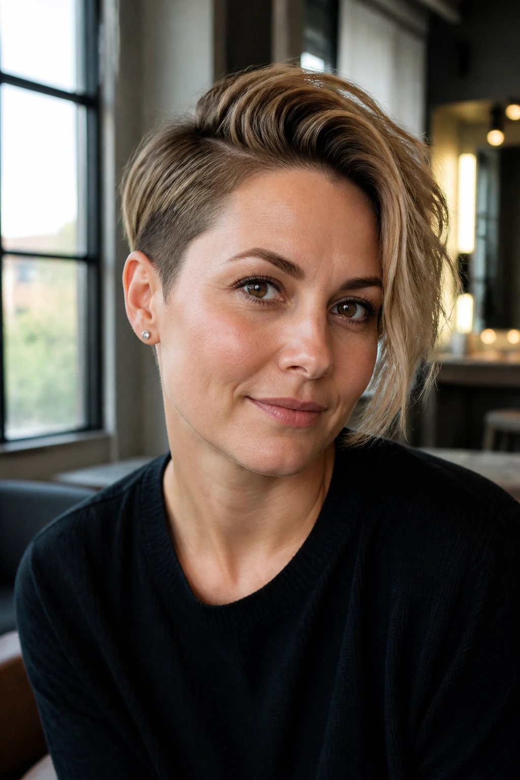 Portrait of a real woman with a long-top crop and deep side part