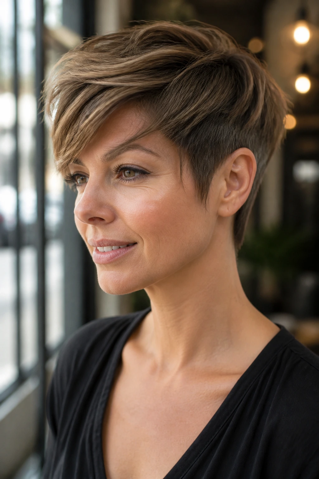 Real woman wearing a pixie with long top layers and narrow sides.