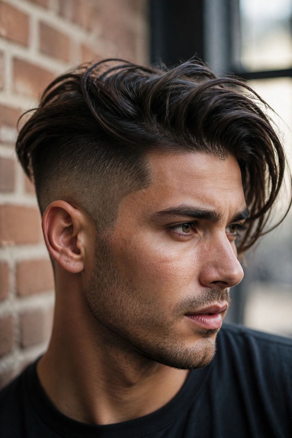 Close-up man with long top layered hair and undercut in urban setting
