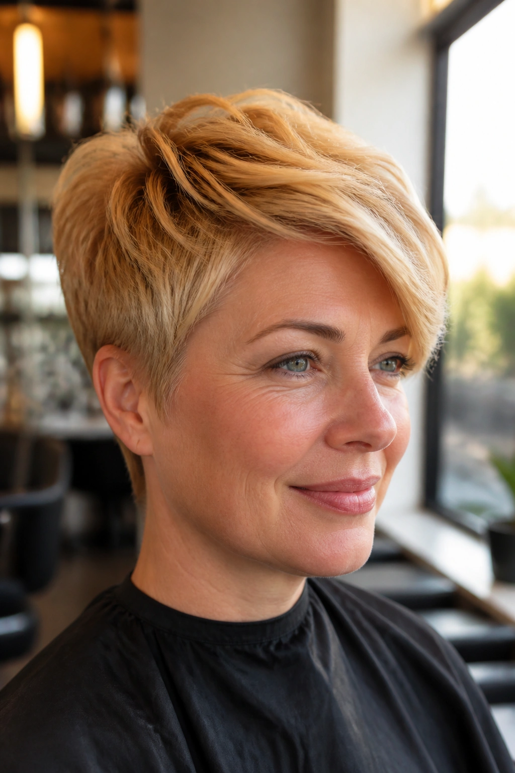 Close-up portrait of a real woman with a long-top pixie in golden blonde.