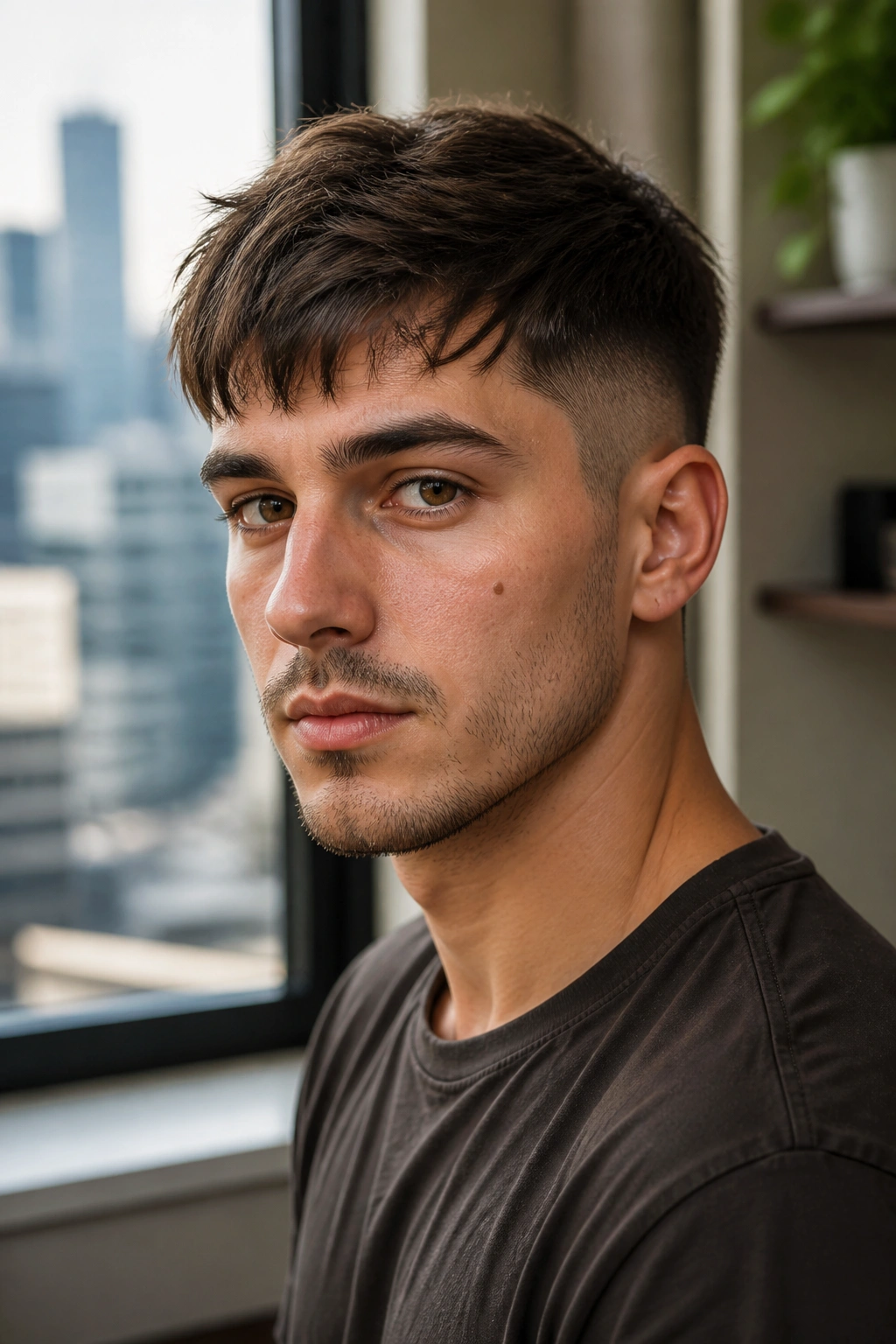 Close-up portrait of a man with Long-Top Cropped-Sides Pixie hairstyle