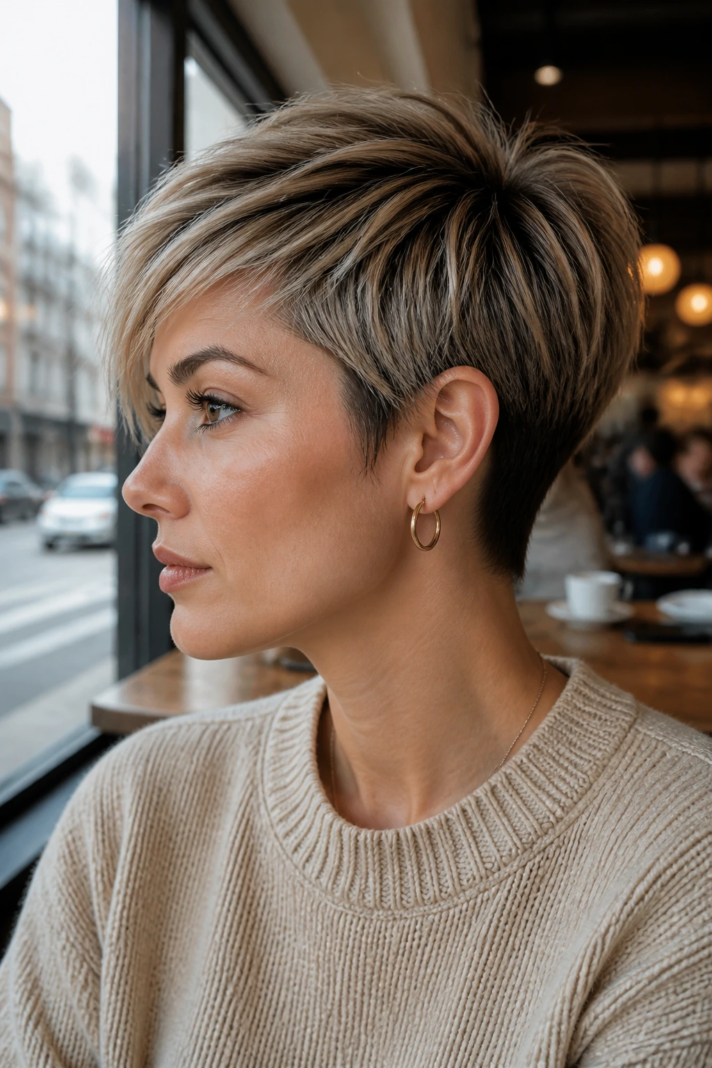 Portrait of person with long-top pixie and narrow nape in cafe setting