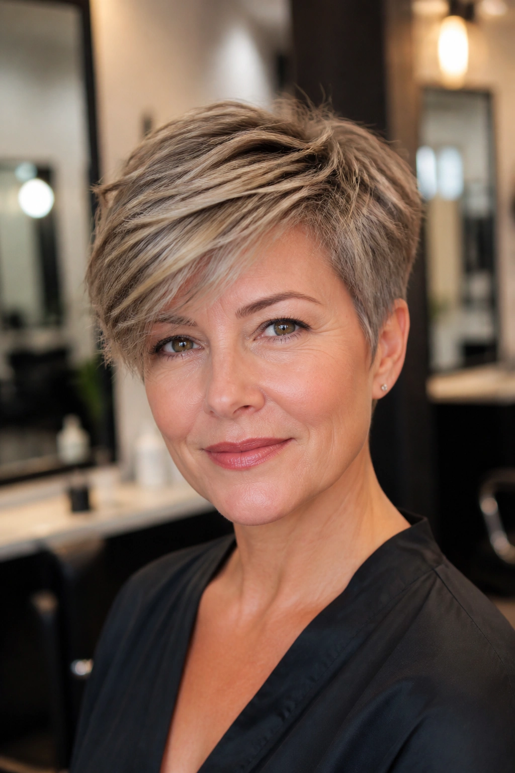 Close-up of a real woman with a long-top pixie showing forward-brushed top