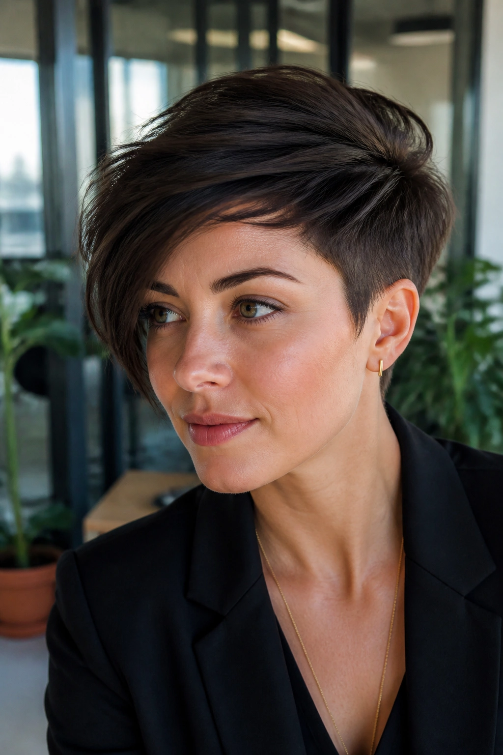 Real woman with long-top pixie side-swept hairstyle