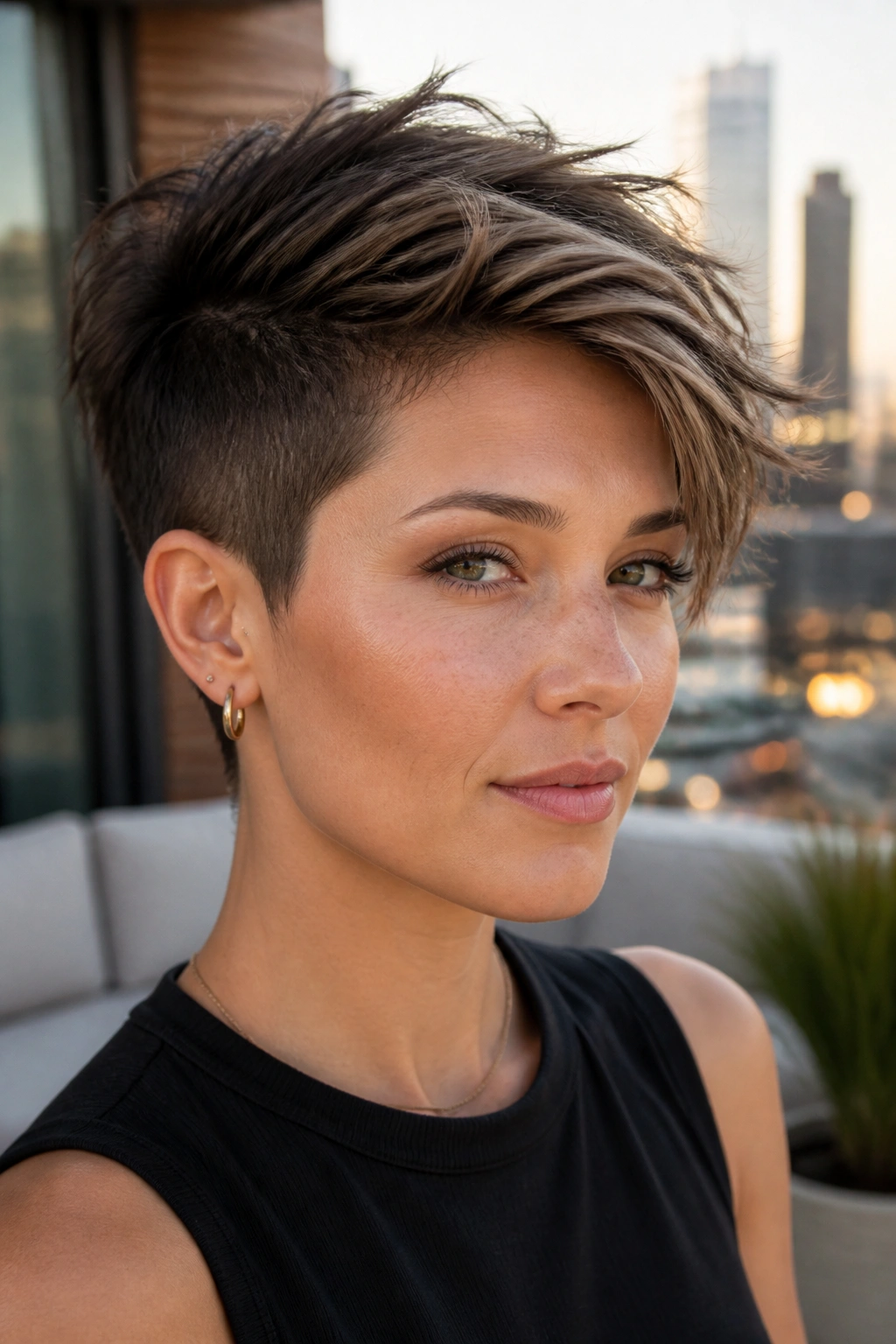 Close-up of a person with long top and short sides pixie in an urban setting