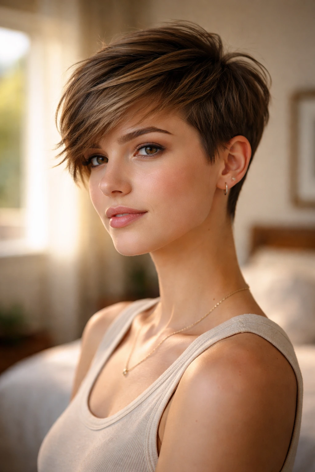 Close-up portrait of a girl with a long-top pixie showing crown length and side fringe