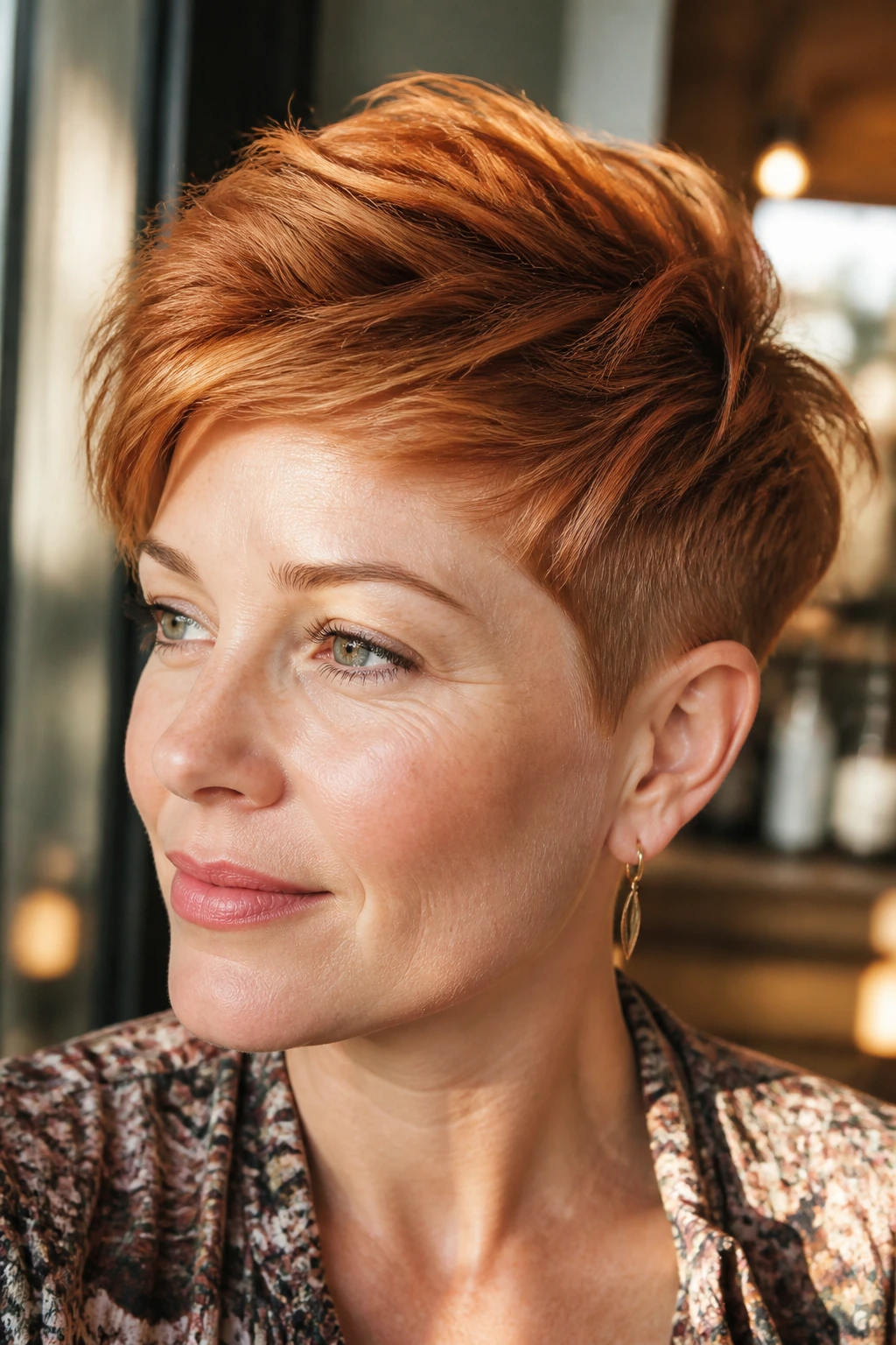 Portrait of a woman with a long-top pixie and tapered sides