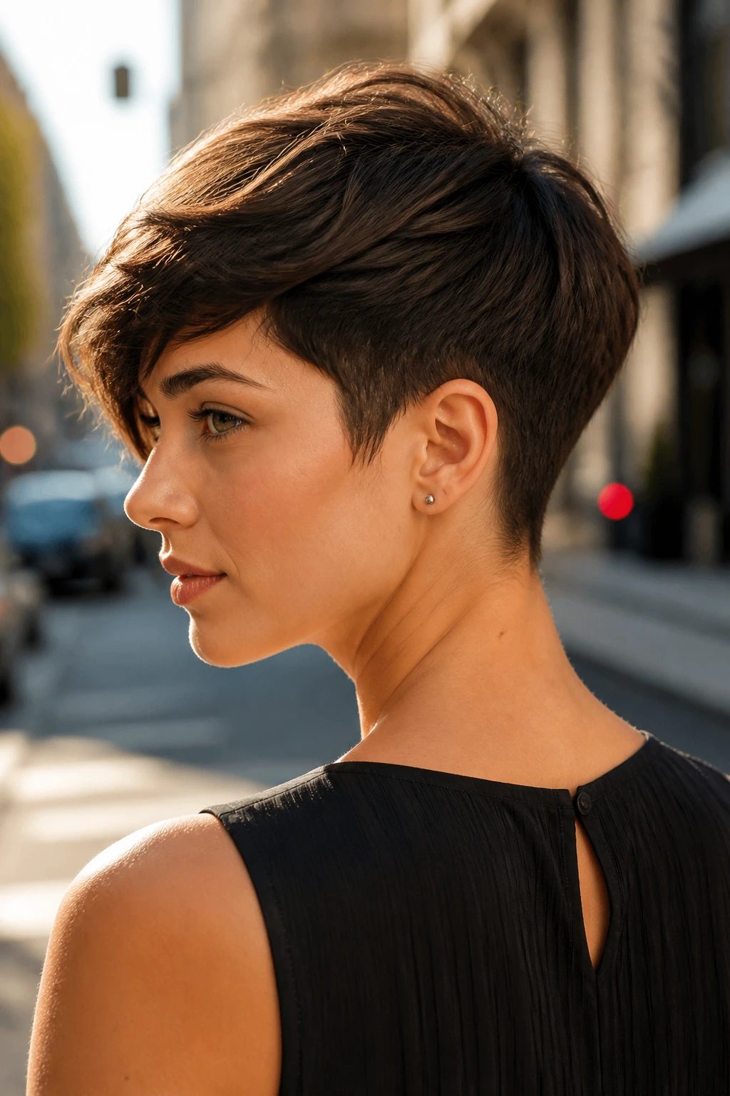 Portrait of a real woman with a long-top pixie and tapered nape in natural daylight.