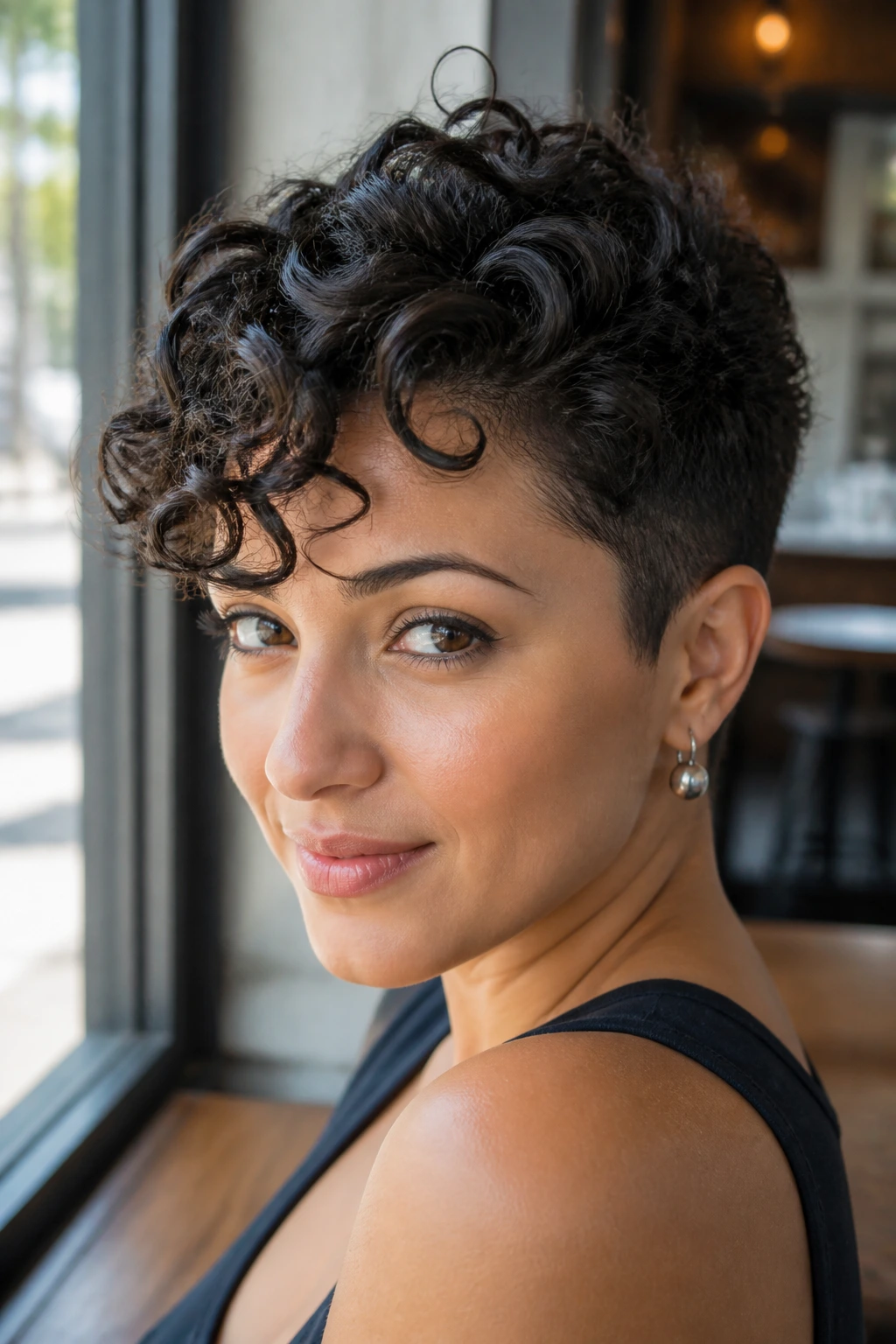 Close-up of a real woman with a long-top curly pixie and tapered sides in daylight.