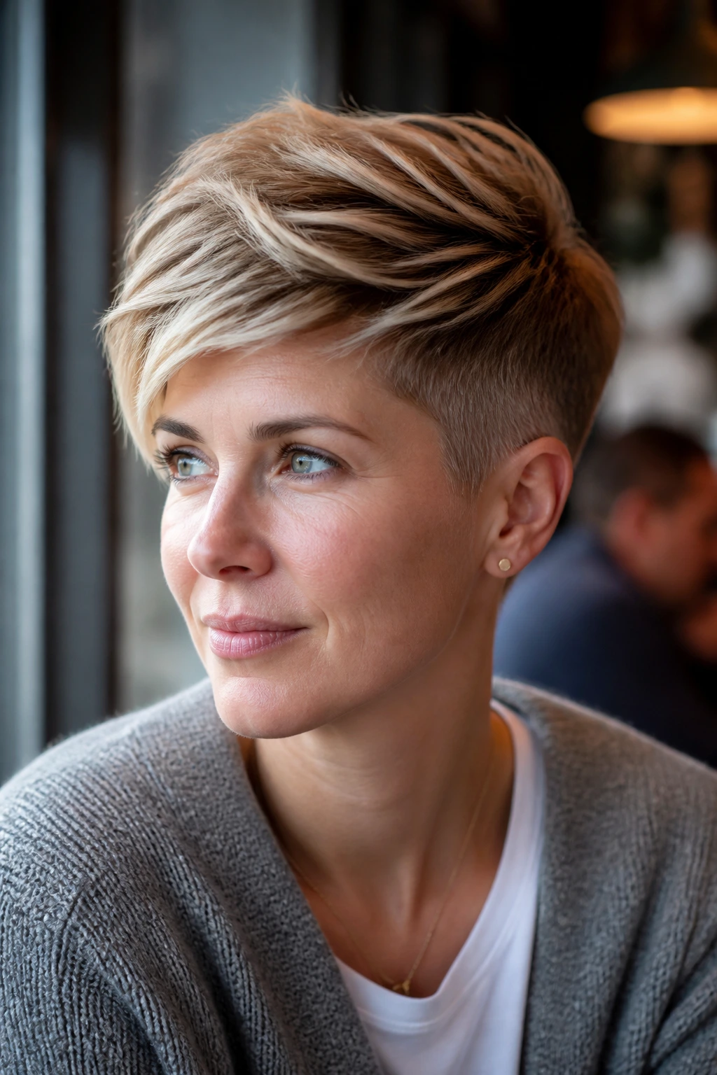 Real person with long top pixie and tapered sides captured in natural light