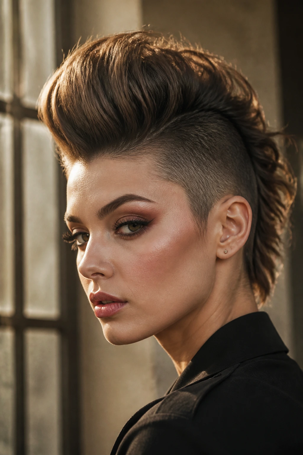 Close-up portrait of a real person with a high-volume front pompadour and tapered sides