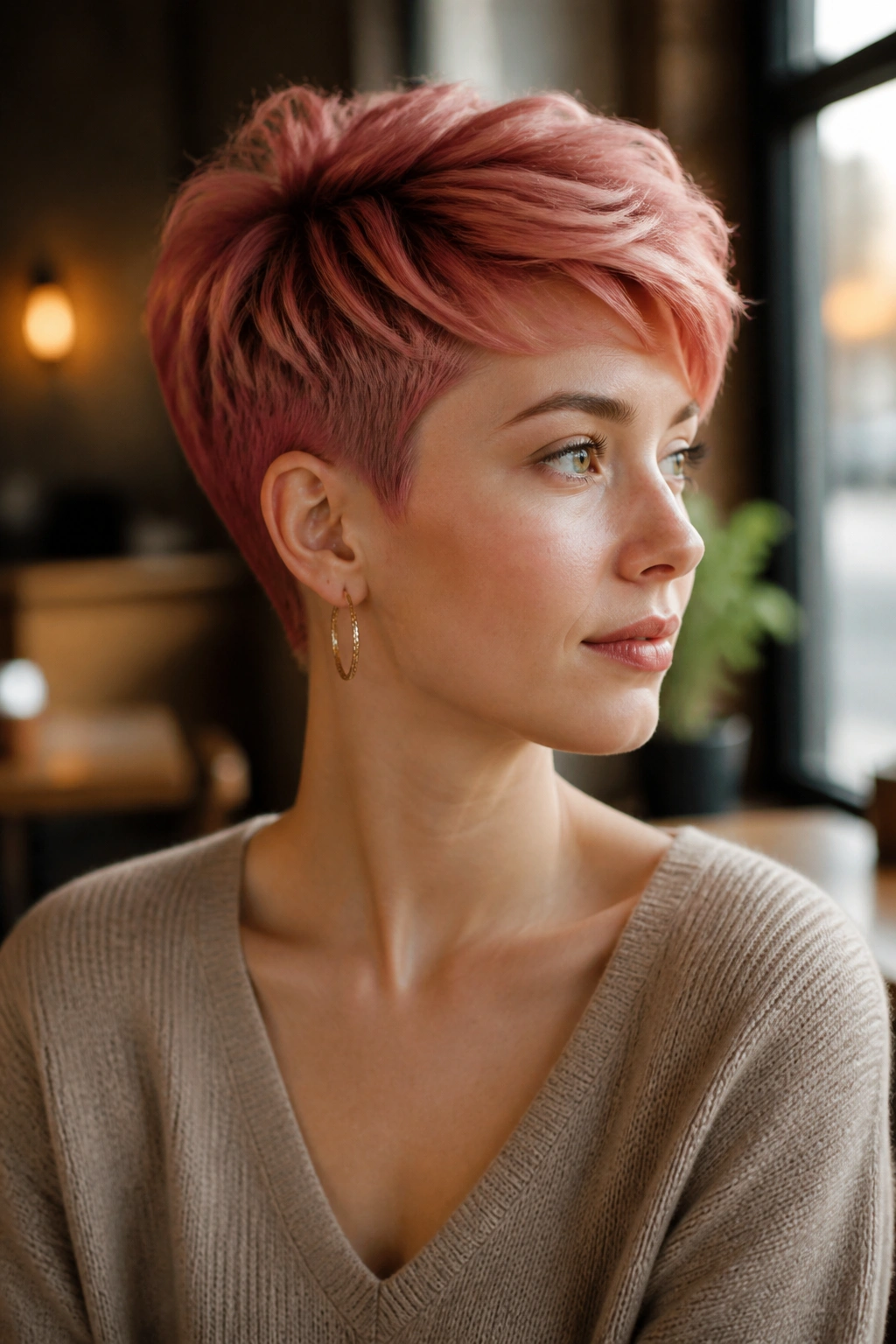 Portrait of a real person with a long-top rose pixie