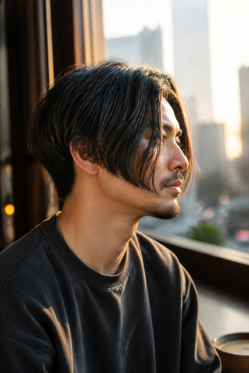 Profile of a man with long top and short back inverted bob showing distinct angle.
