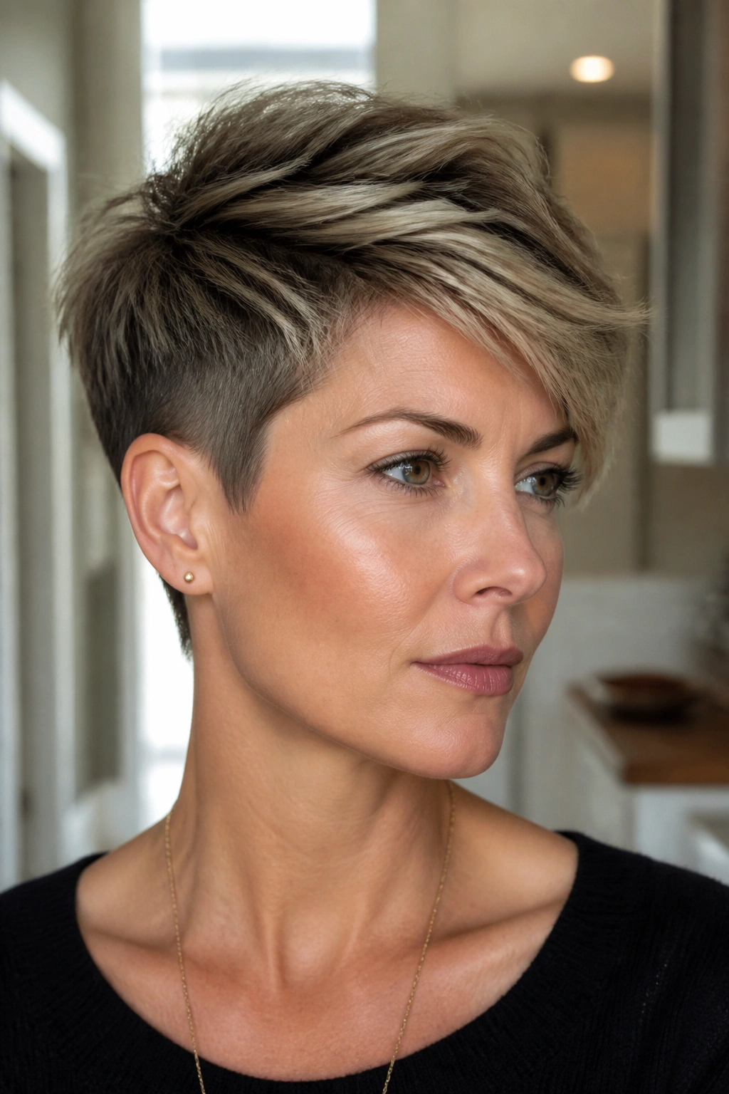 Close-up of a real woman with long-top short-sides pixie