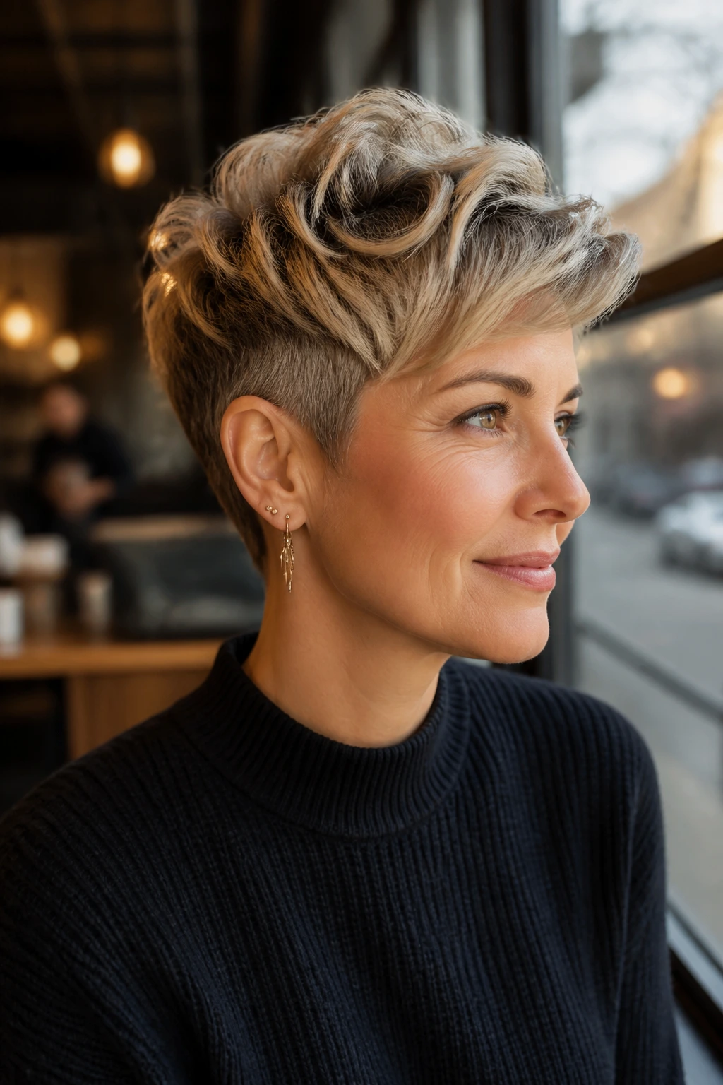 Medium close-up of a real woman with Long-Top Short-Sides Pixie in cafe light.