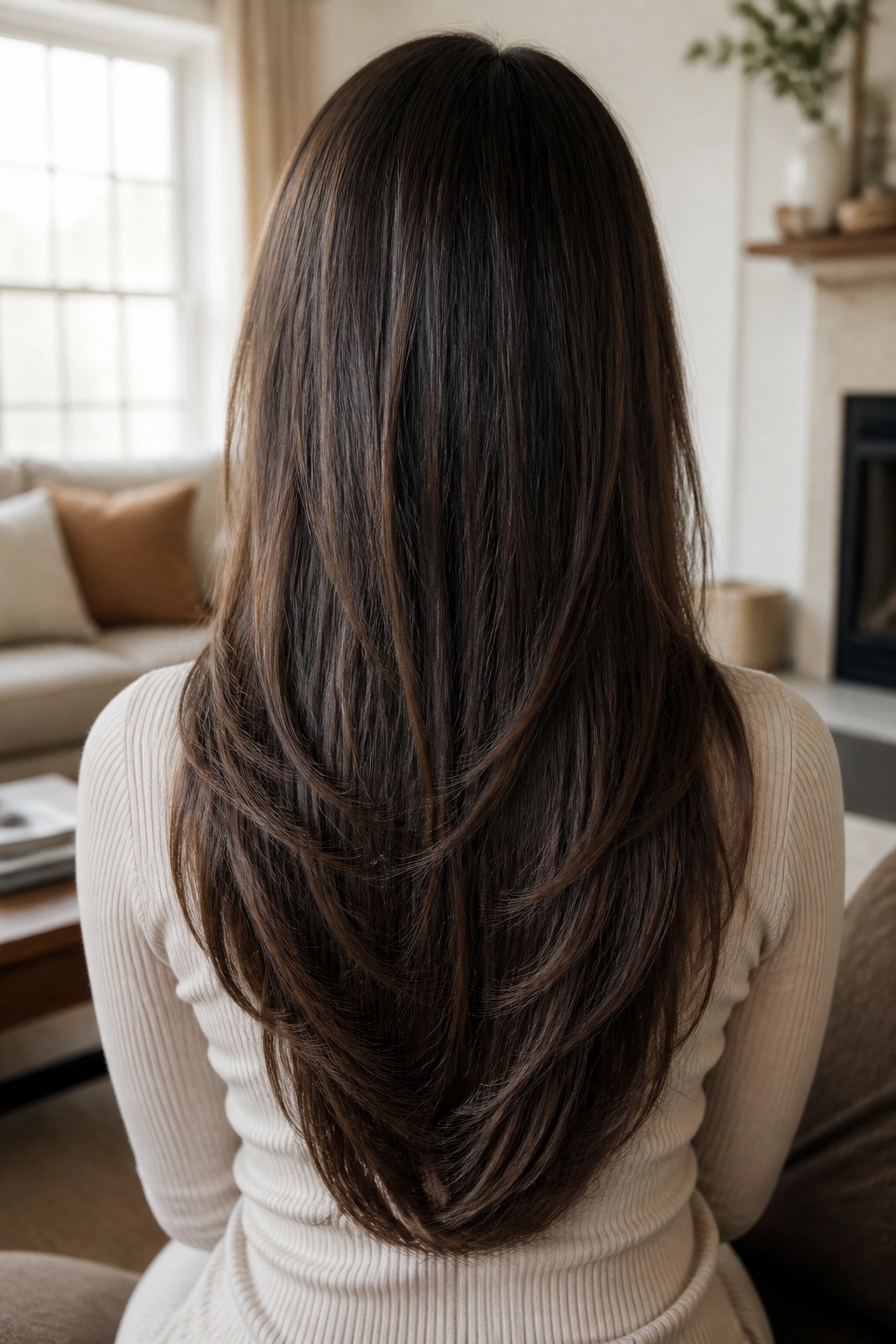 Back view of a real woman's long U-cut hairstyle with invisible layers