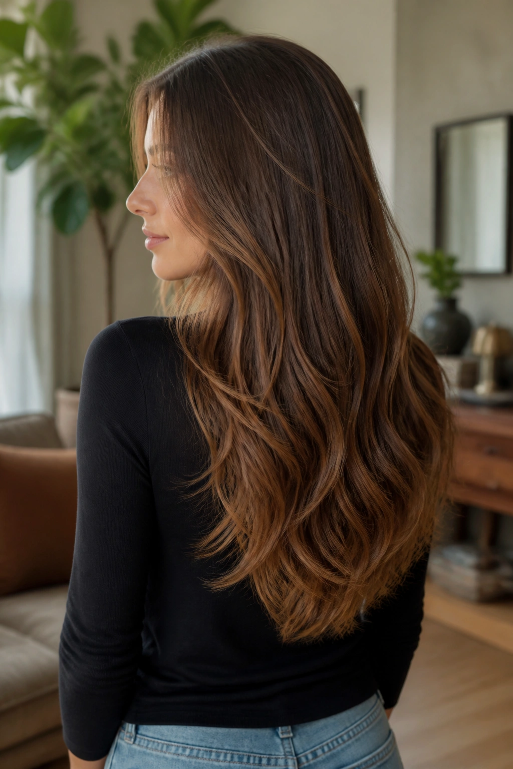 Three-quarter back view of a real woman with long U-cut and loose bends in warm brown hair