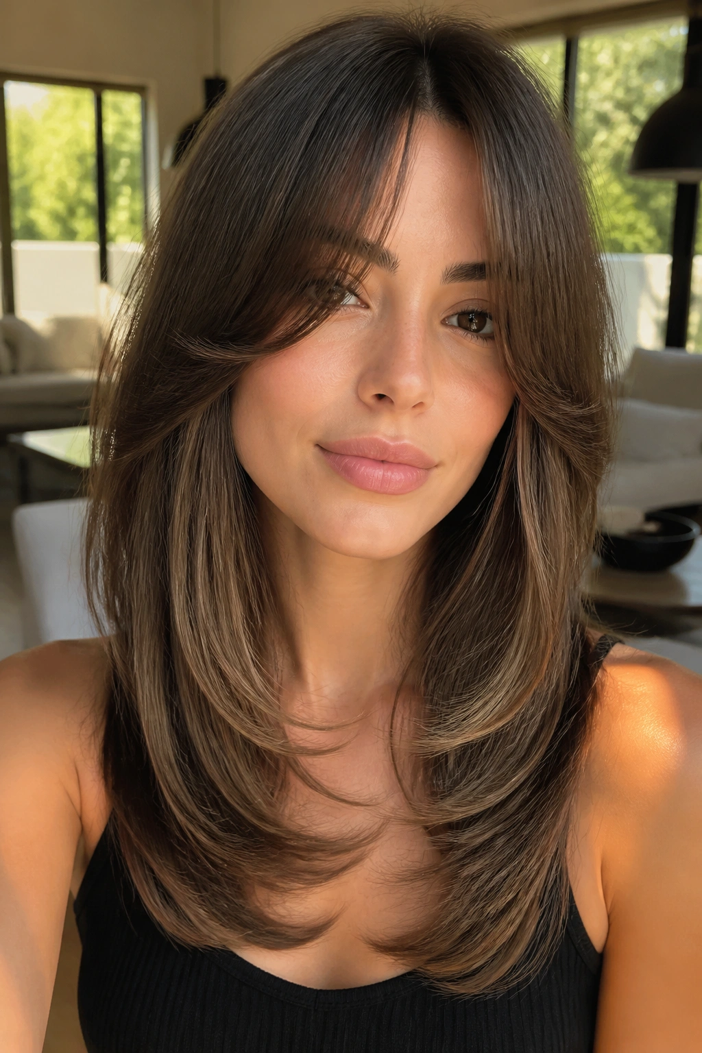 Real woman with a long U-shape cut and curtain bangs in a close-up.