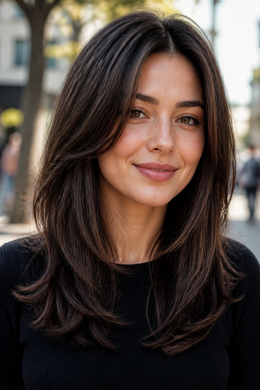 Close-up portrait of a woman with a long U-shape haircut and internal layers