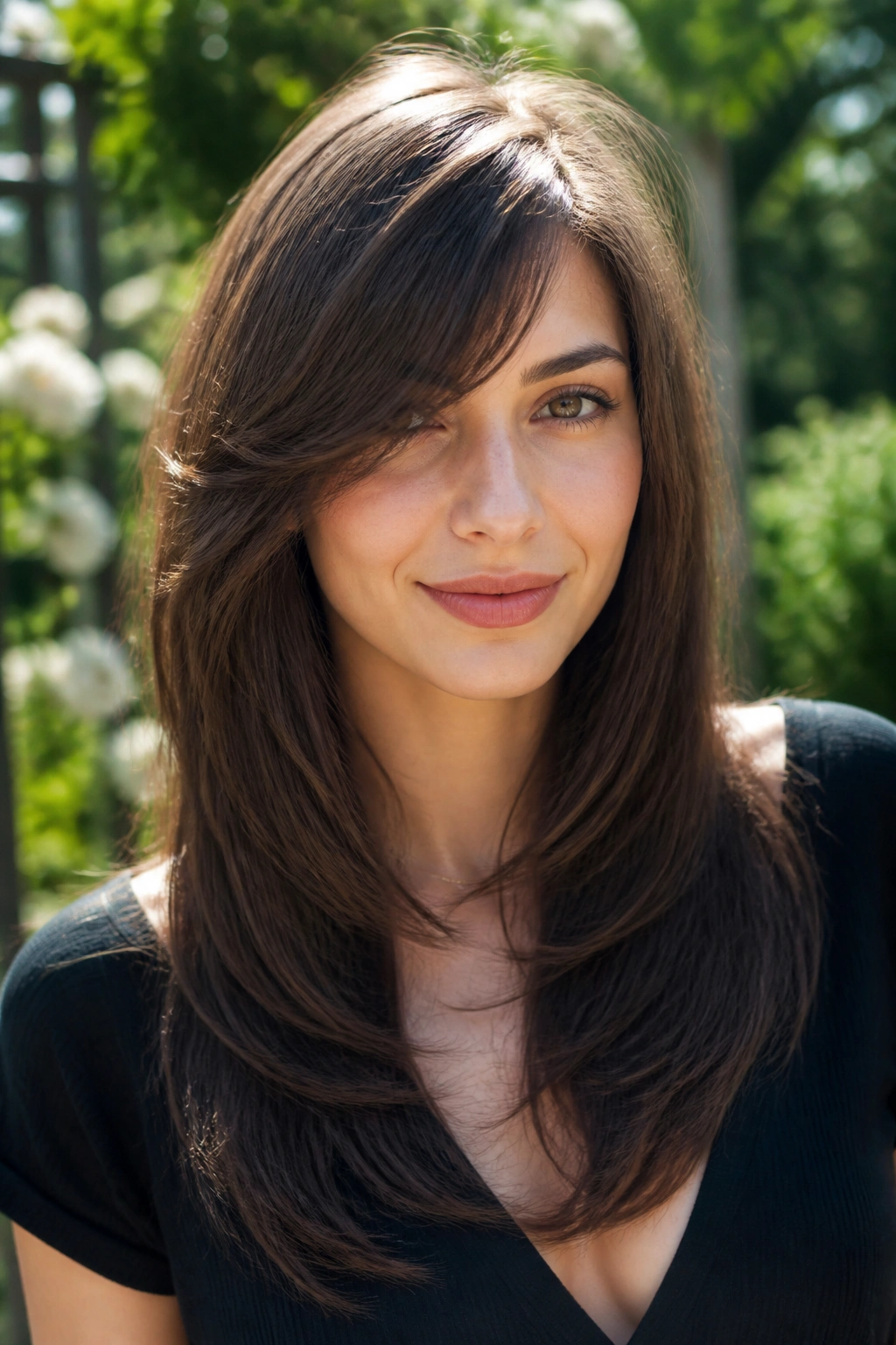 Portrait of a real person with long U-shaped hair and side bangs in a garden setting
