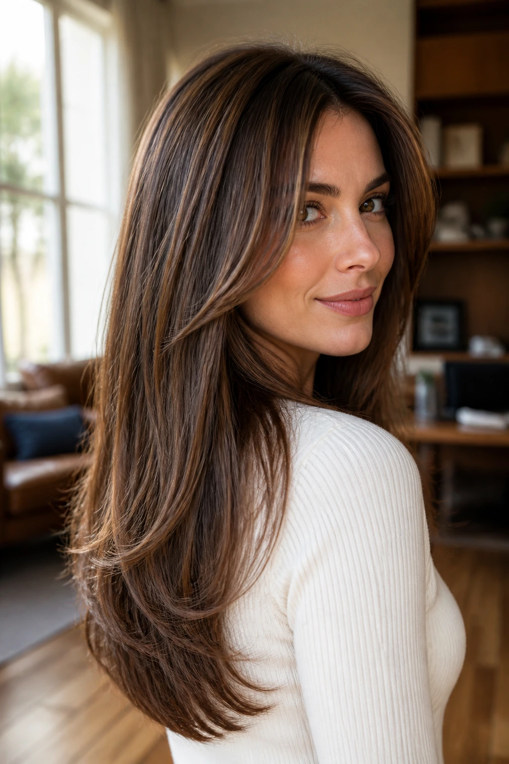 Close-up of a real woman with long U-shaped layered hair and dense ends.