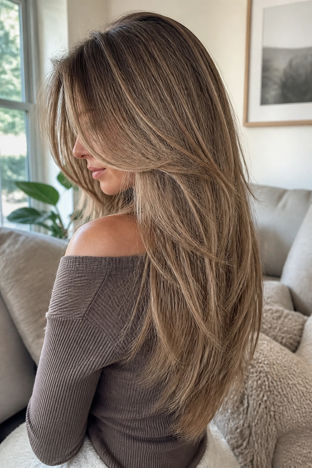 Portrait of a real woman with a long V cut and interior layers