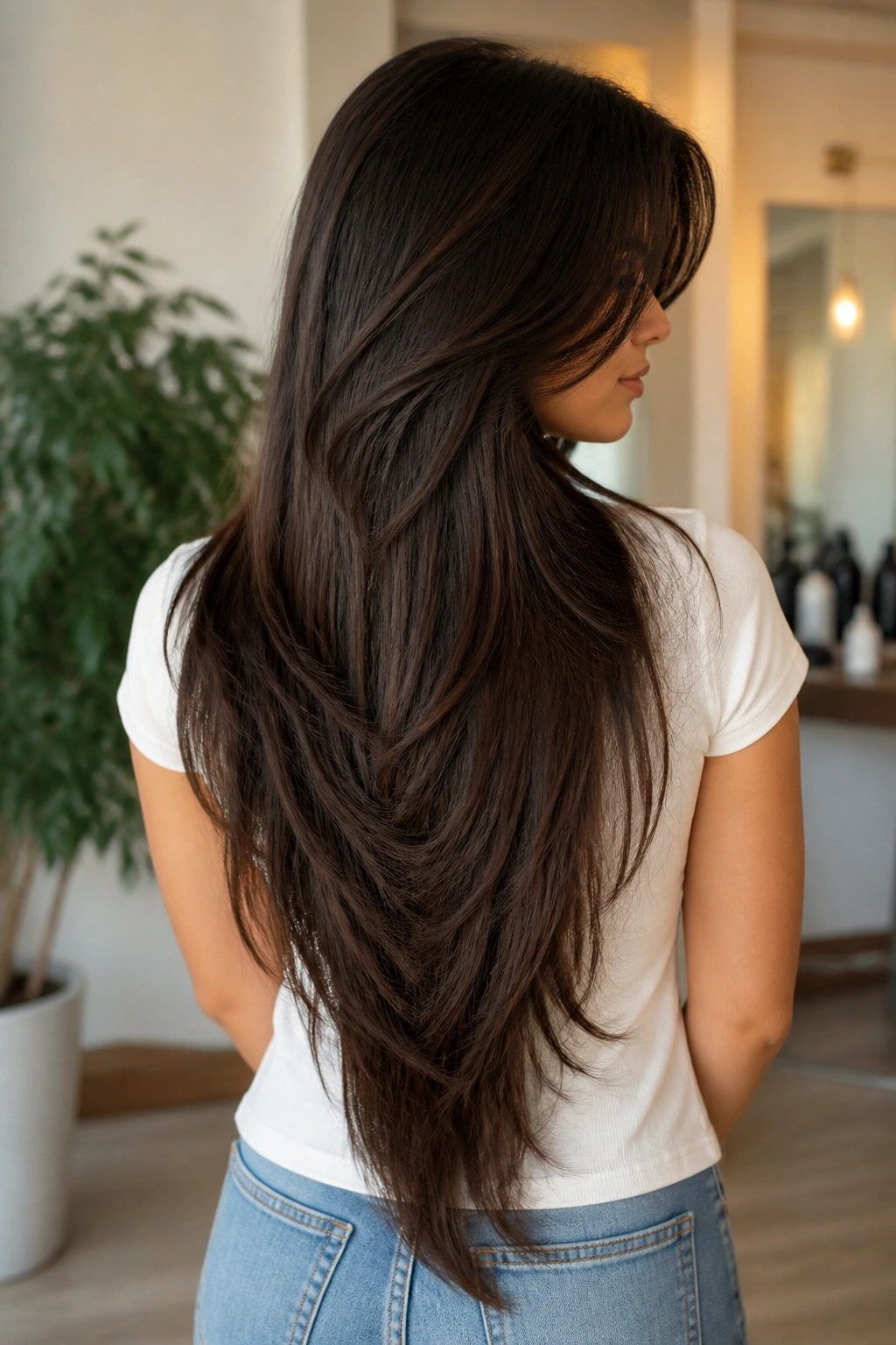 Back-view portrait of a real woman with long hair featuring a V-cut at the back