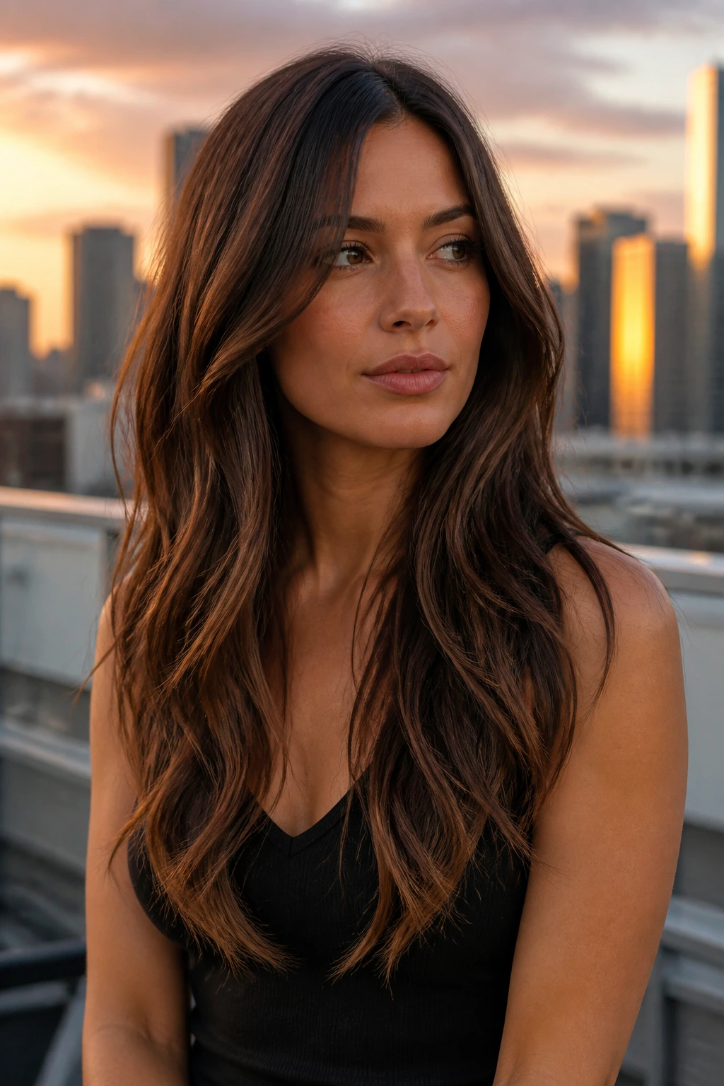 Close-up of a real woman with long V-cut hair and soft point