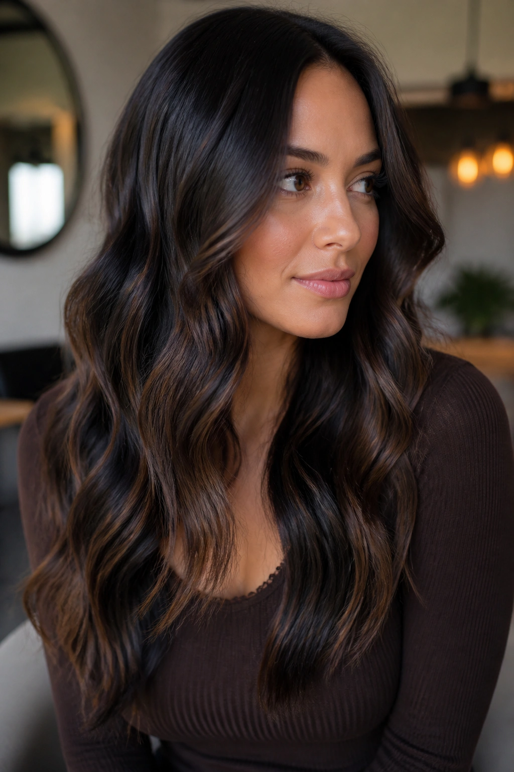 Long hair with contour balayage showing black pieces through waves on a real person